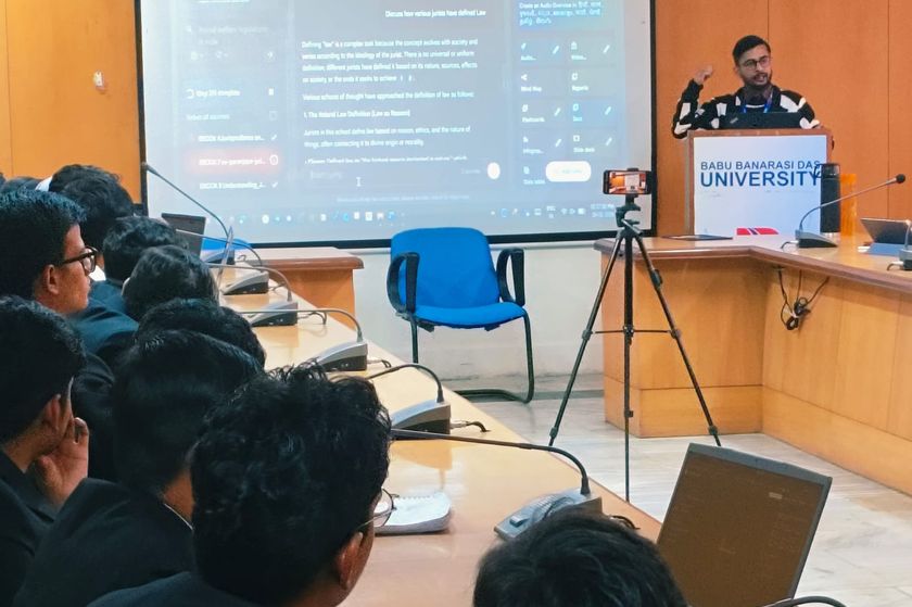 Shivanshu K. Srivastava lecturing law students at Babu Banarasi Das University